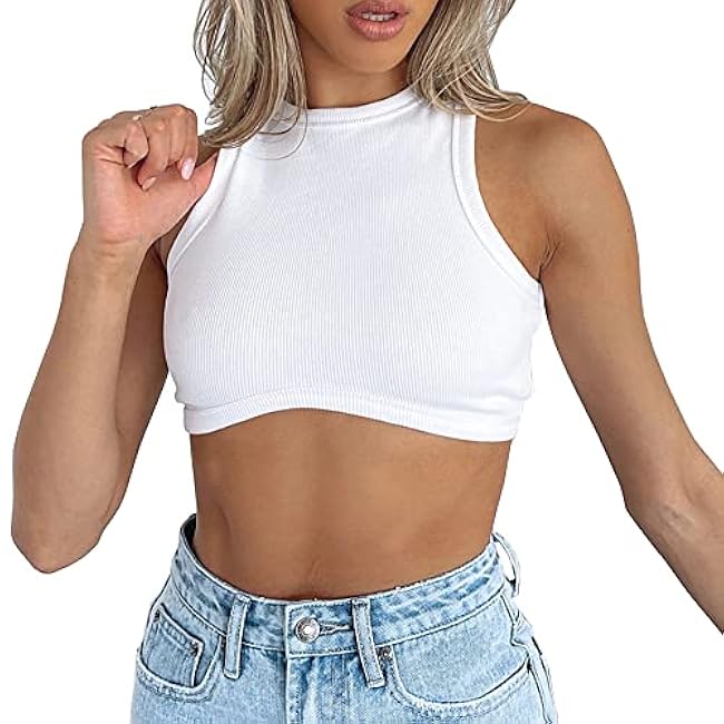 Abardsion Women's Crew Neck Racerback Knit Ribbed Basic Sleeveless Crop Tank Tops