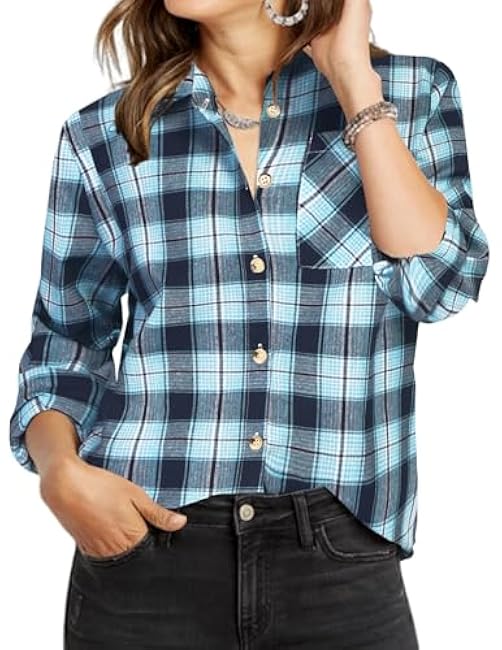 Zeagoo Womens Plaid Shirts Cotton Classic Long Sleeve Button Down Collared Casual Tops Lightweight Autumn Blouses