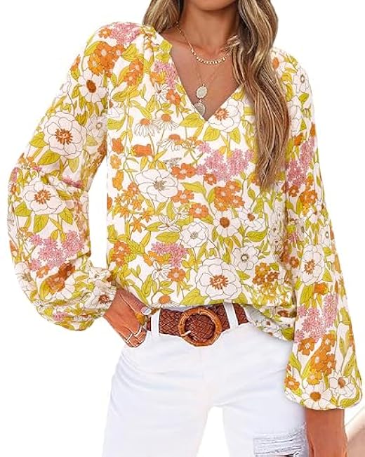 BTFBM Women Casual Boho Blouse Dressy Floral Puff Long Sleeve Shirts V Neck Lightweight Chiffon Summer Fall Tops 2025