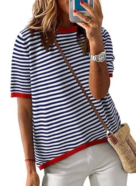 Dokotoo Womens Tops Casual Summer Crewneck Short Sleeve Striped Color Block Knit High Low Trendy Pullover Sweaters