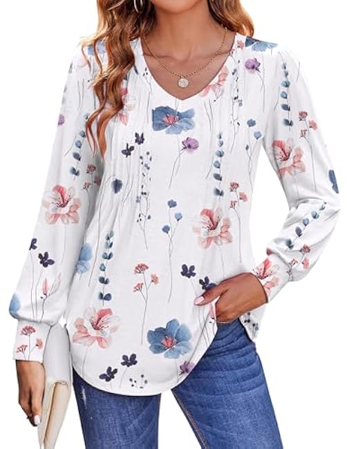 Zeagoo Women's Puff Long Sleeve Shirts Pleated V Neck Fall Tunic Tops Blouse Dressy Casual Loose Summer T-Shirts