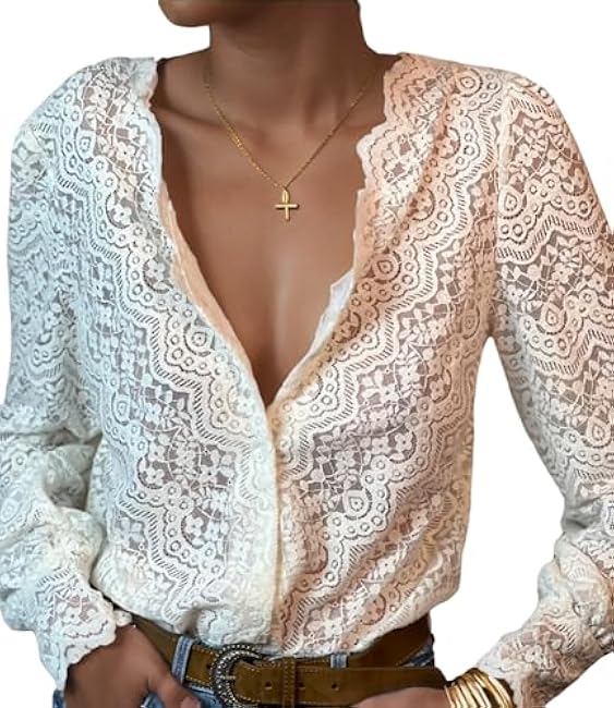 Lace Tops for Women Dressy Casual Blouses Puff Long Sleeve V Neck Button Down Business Work Shirts