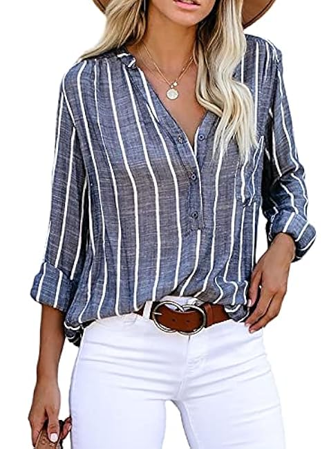 Astylish Women V Neck Striped Roll up Sleeve Button Down Blouse Tops