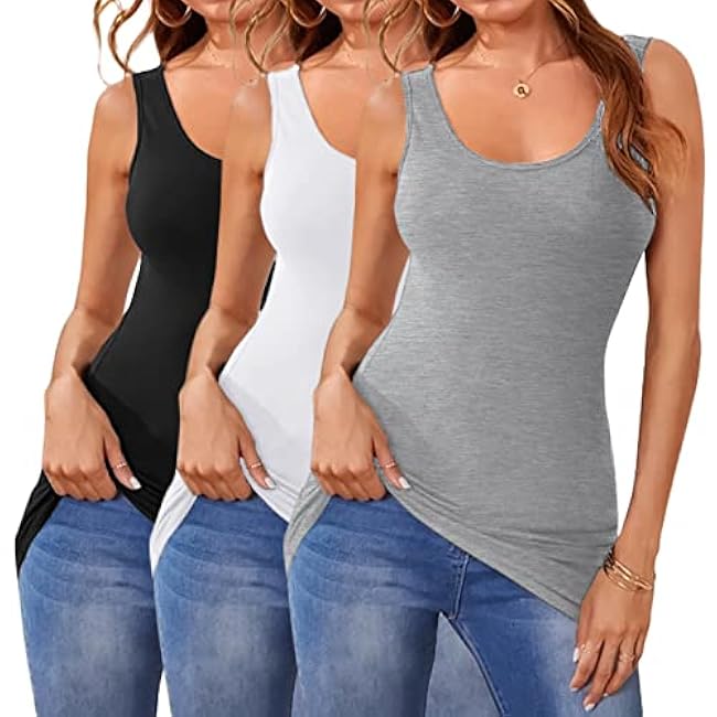 Cotton Long Tank Tops for Women Stretchy Sleeveless Layering Camisole Undershirts Running Yoga 3 Packs