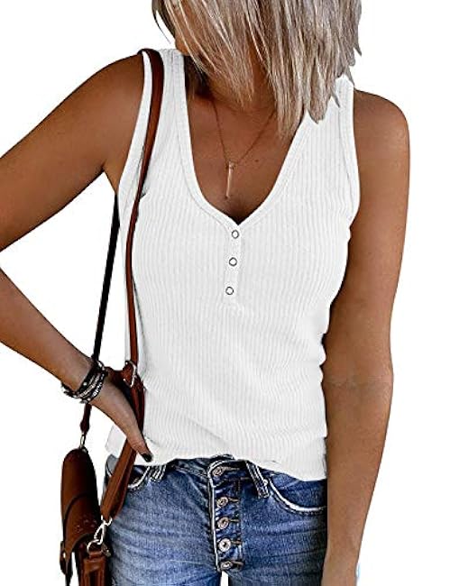 MEROKEETY Women's V Neck Tank Tops Summer Sleeveless Ribbed Button Casual Henley Shirts