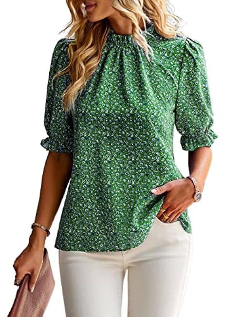 ZILIN Women's Summer Boho Floral Shirt Top Ruffle Mock Neck Puff Short Sleeve 2024 Casual Blouses