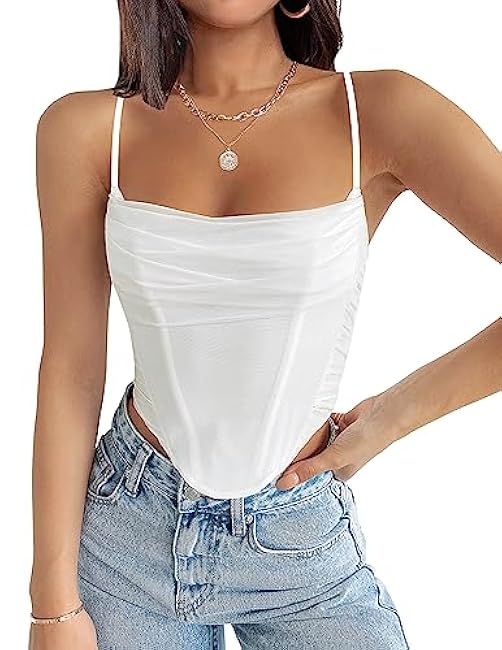 ZESICA Women's Summer Corset Tops Sexy Spaghetti Straps Mesh Bustier Top Cute Camisole Tank Tops