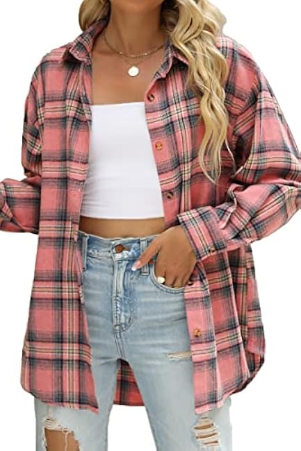 CHYRII Womens Button Down Flannel Shirts Long Sleeve Plaid Shackets Business Casual Blouse Top