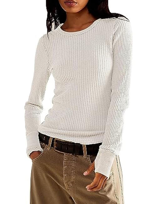 Women's Waffle Knit Tops Long Sleeve Shirts Casual Slim Fitted Crew Neck Pullover Shirts