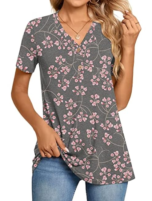 BISHUIGE Womens Henley Tunic Tops Button Up Tshirts Short Sleeve Vneck Casual Blouses