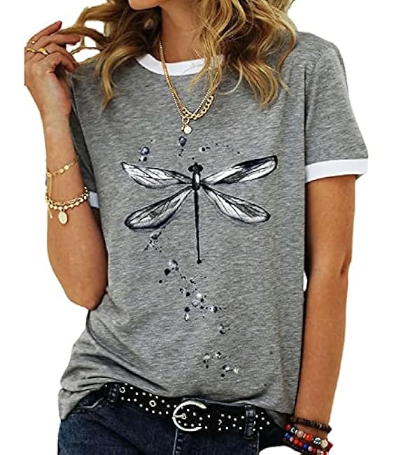 Women's Graphic Tees Casual Summer Funny Dragonfly Printed Short Sleeve Cute T Shirts Tops