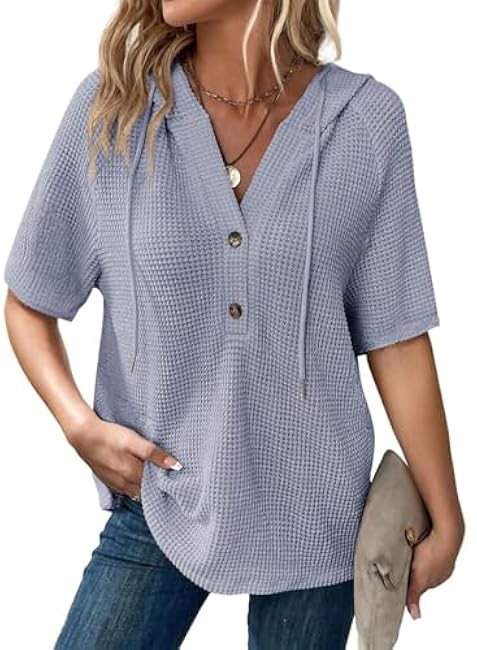 Dokotoo Womens Summer Waffle Knit Short Sleeve Tops Lightweight Drawstring Hoodies Button V Neck Casual Blouses Shirts