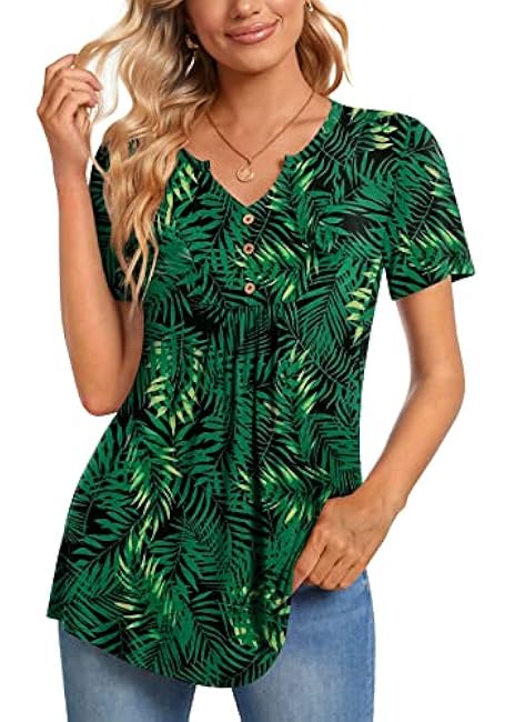 CATHY Womens Short Sleeve Tunic Tops Henley Shirt V Neck Button Up Blouse Casual Pleated Basic Pullover