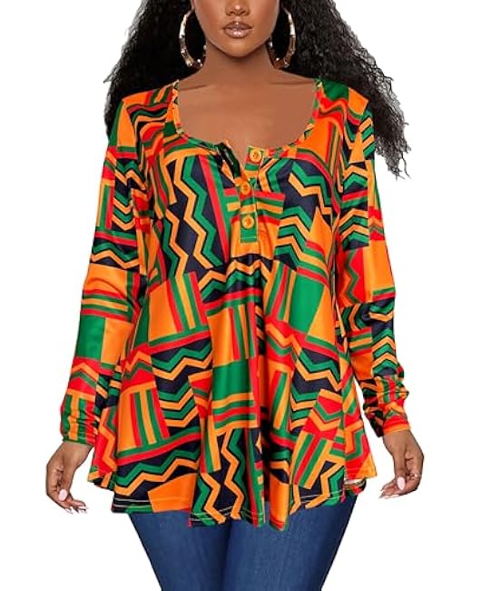 Afibi Women's Long Sleeve Henley T Shirts Button Down Loose Fit Tops Scoop Neck African Dashiki Shirts