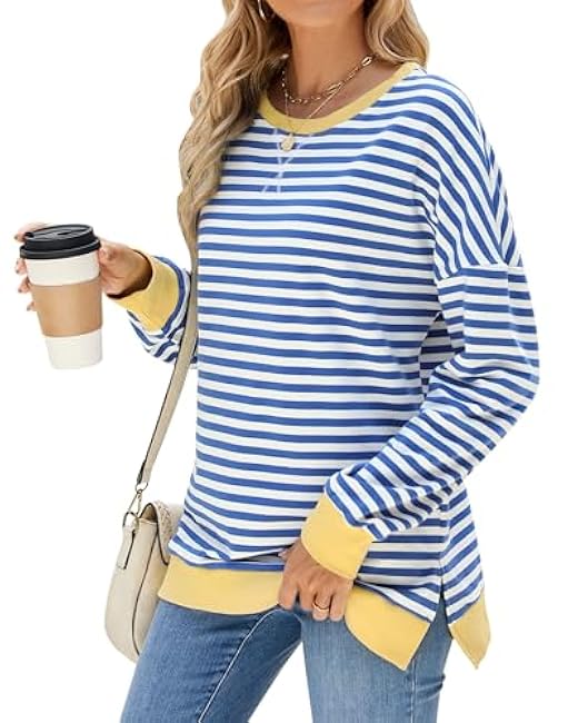Fashionme 2025 Womens Striped Color Block Tunic Tops Side Slits Spring Long Sleeve T-shirts Sweatshirt Crewneck Loose Trendy