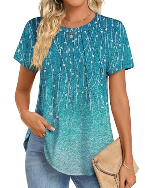 Zeagoo Womens Casual T Shirts for Summer 2025 Short Sleeve Crewneck Tunic Shirts Floral Print Tops Pleated Dressy Blouse