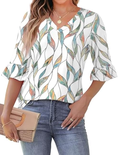 SAMPEEL 3/4 Length Sleeves Womens Tops Blouses for Women Dressy Casual Tops Trendy Summer Shirts Spring Clothes 2025