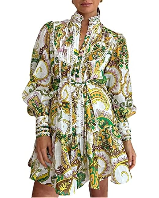 Women's Bohemian Floral Print Button Down Long Lantern Sleeve Shift Tunic Dress Casual Ruffle Swing Mini Dress