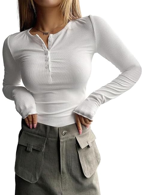ZOCAVIA Womens Henley Shirts Button Down V Neck Long Sleeve Top Fashion Causal Slim Fit Ribbed Knit Solid T Shirt Y2K Blouses
