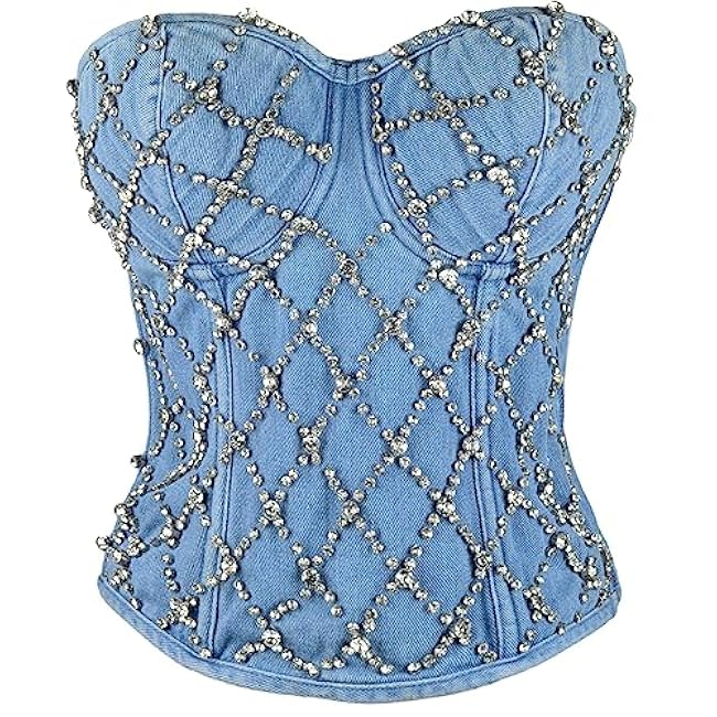 ELLACCI Women's Denim Rhinestone Corset Top Sexy Club Party Jean Bodysuit